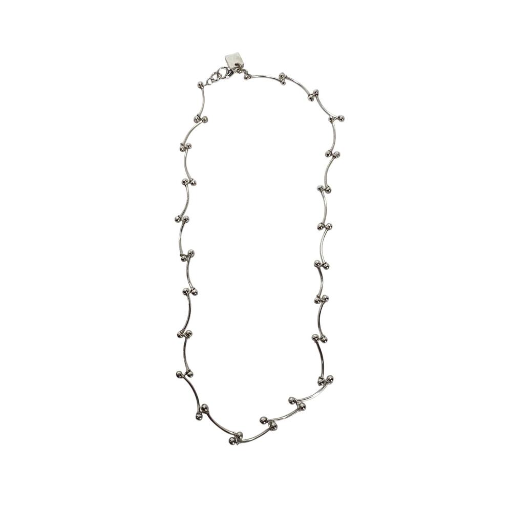 NINE WEST Silver Tone Station Necklace Ball Bead Curved Bark Link Chain Modern - Picture 2 of 9
